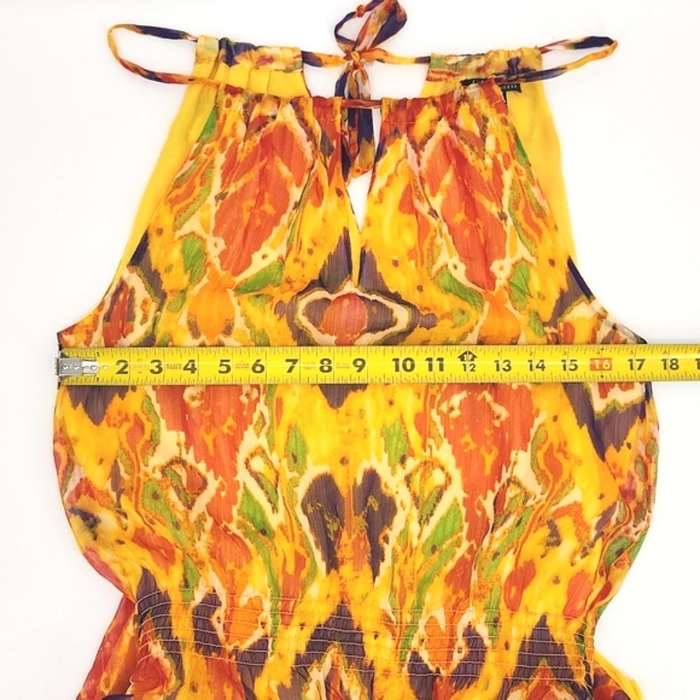Lauren Ralph Lauren Tribal Ikat Print Yellow Tie-Back Smocked Maxi Dress Women 8 - Picture 7 of 11